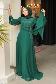 Tesettürlü Abiye Elbise - Boncuk İşlemeli Yeşil Tesettür Abiye Elbise 52021Y - Thumbnail