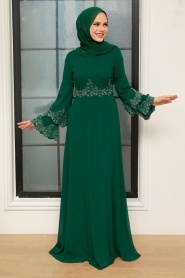 Tesettürlü Abiye Elbise - Boncuk İşlemeli Yeşil Tesettür Abiye Elbise 9181Y - Thumbnail