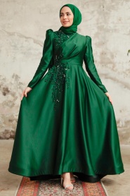 Tesettürlü Abiye Elbise - Boncuk İşlemeli Zümrüt Yeşili Saten Tesettür Abiye Elbise 22460ZY - Thumbnail