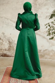 Tesettürlü Abiye Elbise - Boncuk İşlemeli Zümrüt Yeşili Saten Tesettür Abiye Elbise 22460ZY - Thumbnail