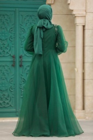 Tesettürlü Abiye Elbise - Boncuk İşlemeli Zümrüt Yeşili Tesettür Abiye Elbise 22551ZY - Thumbnail