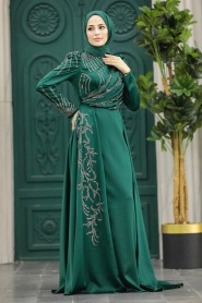 Tesettürlü Abiye Elbise - Boncuk İşlemeli Zümrüt Yeşili Tesettür Saten Abiye Elbise 40641ZY - Thumbnail
