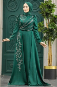 Tesettürlü Abiye Elbise - Boncuk İşlemeli Zümrüt Yeşili Tesettür Saten Abiye Elbise 40641ZY - Thumbnail