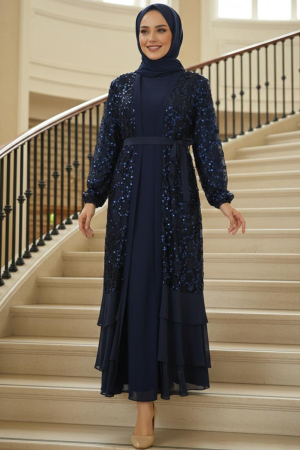 Tesettürlü Abiye Elbise - Boncuk Payet İşlemeli Lacivert Tesettür Abiye Elbise 47671L 