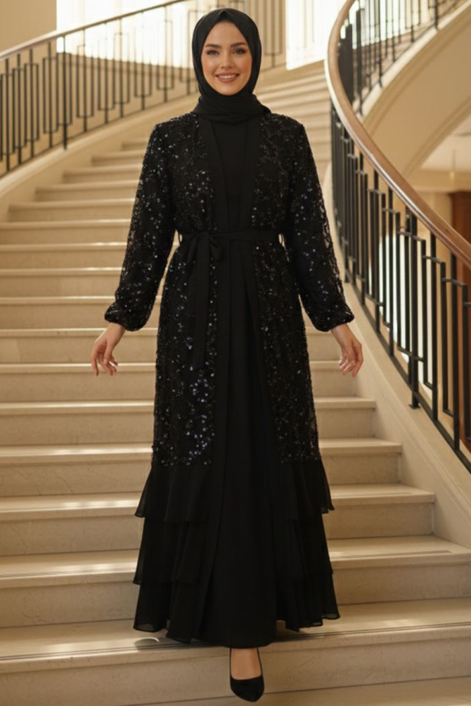 Tesettürlü Abiye Elbise - Boncuk Payet İşlemeli Siyah Tesettür Abiye Elbise 47671S - N.S NEVA STYLE