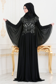 Tesettürlü Abiye Elbise - Boncuk Sarkıtmalı Siyah Tesettür Abiye Elbise 46790S - Thumbnail