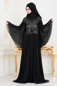 Tesettürlü Abiye Elbise - Boncuk Sarkıtmalı Siyah Tesettür Abiye Elbise 46790S - Thumbnail