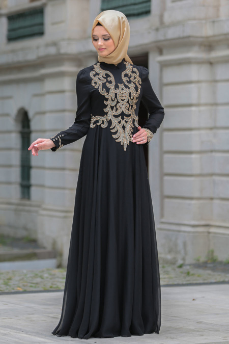 Tesettürlü Abiye Elbise - Boncuklu Dantel Detaylı Siyah Tesettür Abiye Elbise 7650S