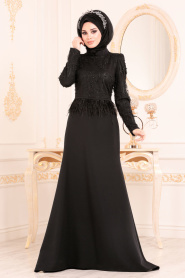 Tesettürlü Abiye Elbise - Boncuklu Tüy Detaylı Siyah Tesettür Abiye Elbise 36361S - Thumbnail