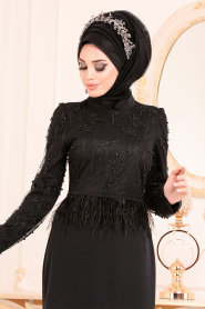 Tesettürlü Abiye Elbise - Boncuklu Tüy Detaylı Siyah Tesettür Abiye Elbise 36361S - Thumbnail