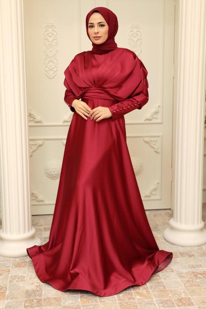 Tesettürlü Abiye Elbise - Bordo Saten Tesettür Abiye Elbise 22470BR - 2