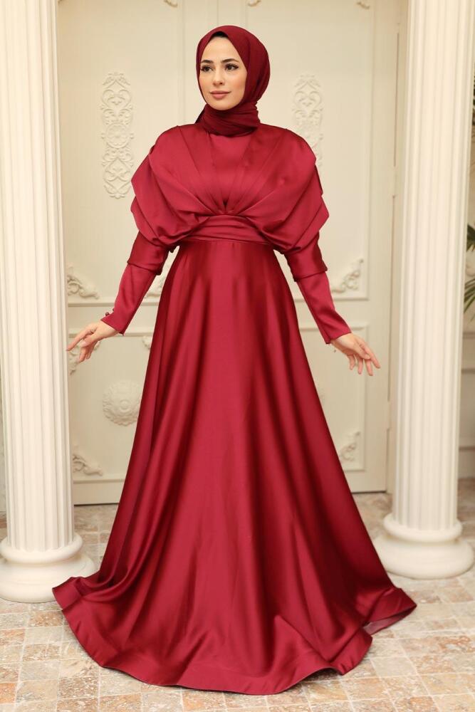 Tesettürlü Abiye Elbise - Bordo Saten Tesettür Abiye Elbise 22470BR - 3