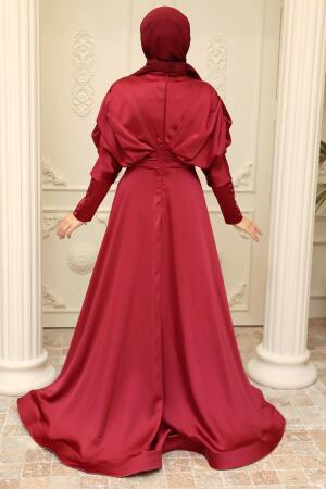 Tesettürlü Abiye Elbise - Bordo Saten Tesettür Abiye Elbise 22470BR - 4