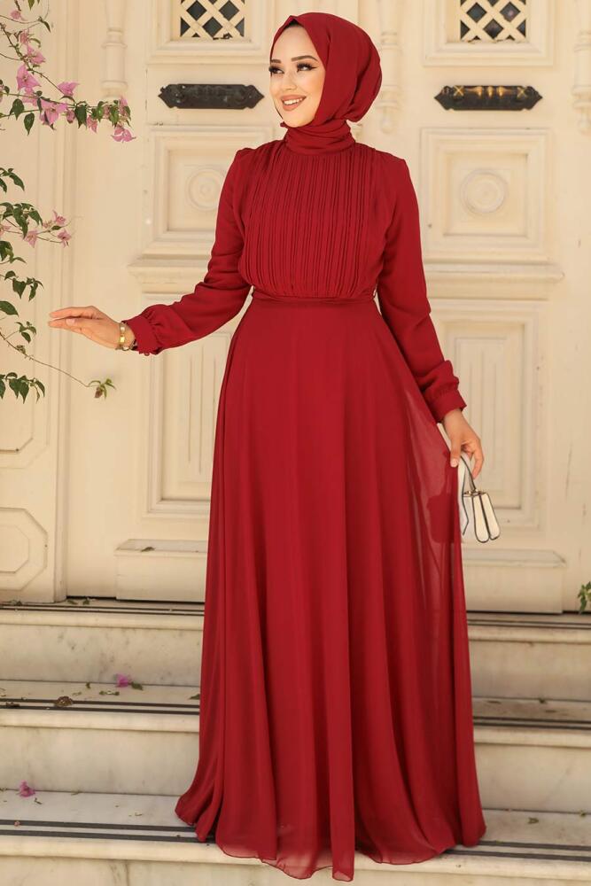Tesettürlü Abiye Elbise - Bordo Tesettür Abiye Elbise 3371BR - 2