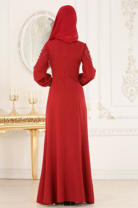 Tesettürlü Abiye Elbise - Bordo Tesettür Abiye Elbise 4031BR - 2