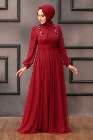 Tesettürlü Abiye Elbise -Bordo Tesettür Abiye Elbise 4348BR - 2