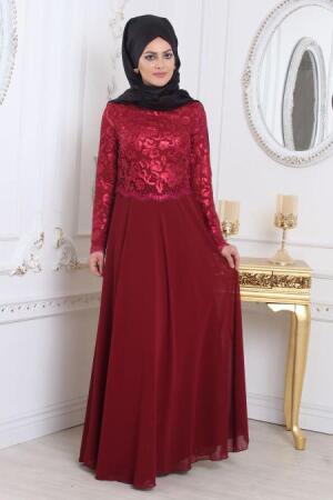 Tesettürlü Abiye Elbise - Bordo Tesettür Abiye Elbise 79410BR - 1