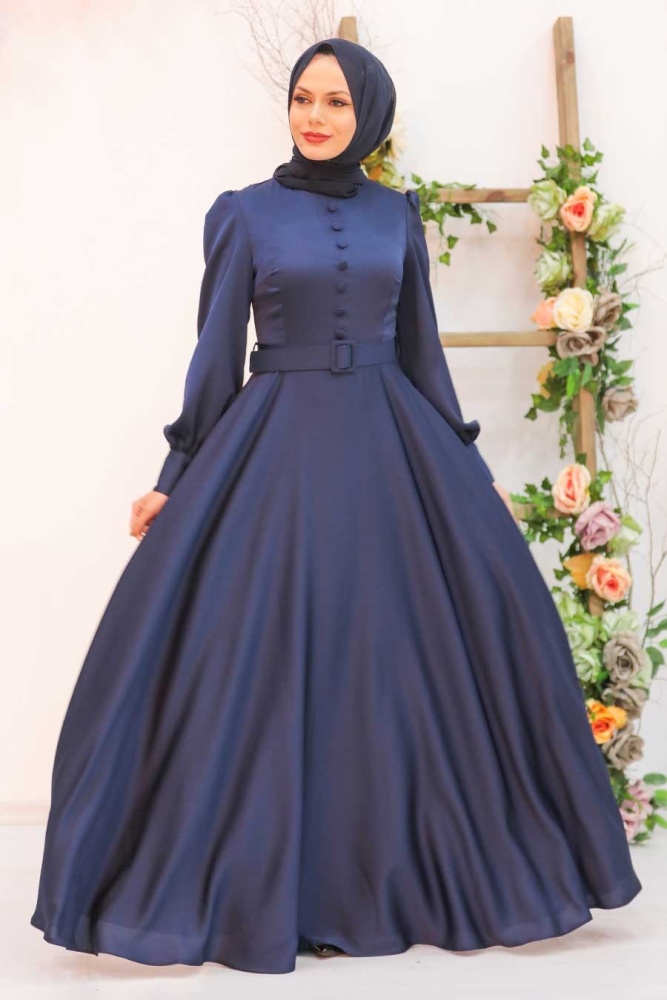 Tesettürlü Abiye Elbise - Bouton Détaillé Bleu Marine Vêtements Islamiques Robe De Soirée 3038L - 1