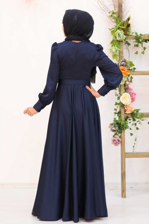 Tesettürlü Abiye Elbise - Bouton Détaillé Bleu Marine Vêtements Islamiques Robe De Soirée 3038L - 2