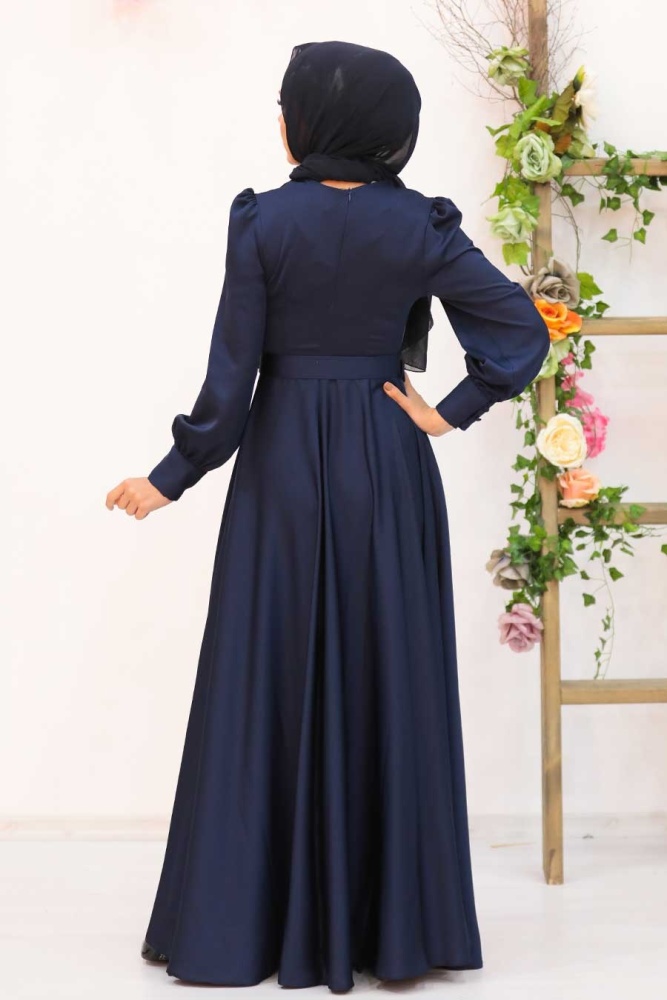 Tesettürlü Abiye Elbise - Bouton Détaillé Bleu Marine Vêtements Islamiques Robe De Soirée 3038L - 2