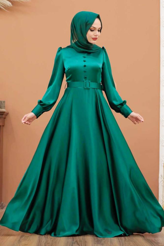 Tesettürlü Abiye Elbise - Bouton Détaillé Vert Robe De Soirée Islamique Vêtements 3038CY - 1
