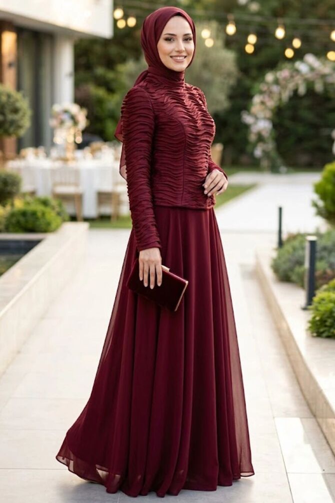 Tesettürlü Abiye Elbise - Büzgü Detaylı Bordo Tesettür Abiye Elbise 54912BR - 1