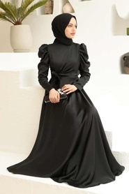 Tesettürlü Abiye Elbise - Büzgülü Omuz Siyah Saten Tesettür Abiye Elbise 4570S - Thumbnail