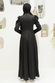 Tesettürlü Abiye Elbise - Büzgülü Omuz Siyah Saten Tesettür Abiye Elbise 4570S - Thumbnail