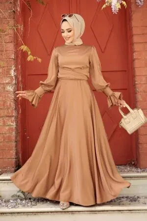 Tesettürlü Abiye Elbise - Camel Tesettür Saten Abiye Elbise 5983C 