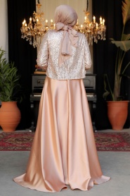 Tesettürlü Abiye Elbise - Ceket Detaylı Bisküvi Tesettür Saten Abiye Elbise 25881BS - Thumbnail
