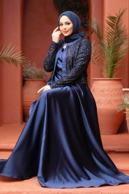 Tesettürlü Abiye Elbise - Ceket Detaylı Lacivert Tesettür Saten Abiye Elbise 25881L - Thumbnail