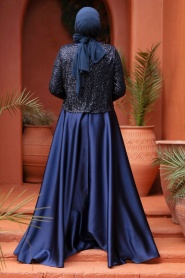 Tesettürlü Abiye Elbise - Ceket Detaylı Lacivert Tesettür Saten Abiye Elbise 25881L - Thumbnail