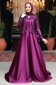 Tesettürlü Abiye Elbise - Ceket Detaylı Mürdüm Tesettür Saten Abiye Elbise 25881MU - Thumbnail