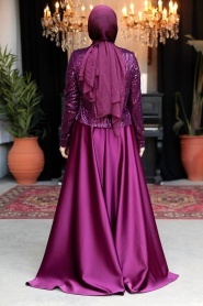 Tesettürlü Abiye Elbise - Ceket Detaylı Mürdüm Tesettür Saten Abiye Elbise 25881MU - Thumbnail