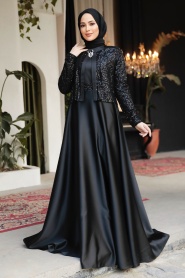 Tesettürlü Abiye Elbise - Ceket Detaylı Siyah Tesettür Saten Abiye Elbise 25881S - Thumbnail