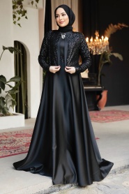 Tesettürlü Abiye Elbise - Ceket Detaylı Siyah Tesettür Saten Abiye Elbise 25881S - Thumbnail