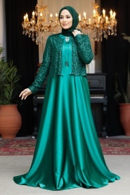 Tesettürlü Abiye Elbise - Ceket Detaylı Yeşil Tesettür Saten Abiye Elbise 25881Y - Thumbnail