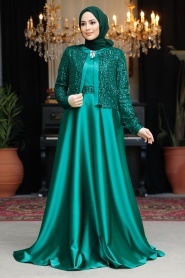Tesettürlü Abiye Elbise - Ceket Detaylı Yeşil Tesettür Saten Abiye Elbise 25881Y - Thumbnail