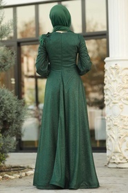 Tesettürlü Abiye Elbise - Çiçek Aplike Detaylı Yeşil Tesettür Abiye Elbise 21490Y - Thumbnail