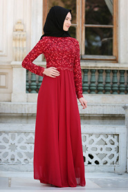 Tesettürlü Abiye Elbise - Çiçek Dantelli Kırmızı Tesettür Abiye Elbise 76461K - Thumbnail