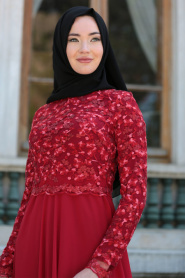 Tesettürlü Abiye Elbise - Çiçek Dantelli Kırmızı Tesettür Abiye Elbise 76461K - Thumbnail