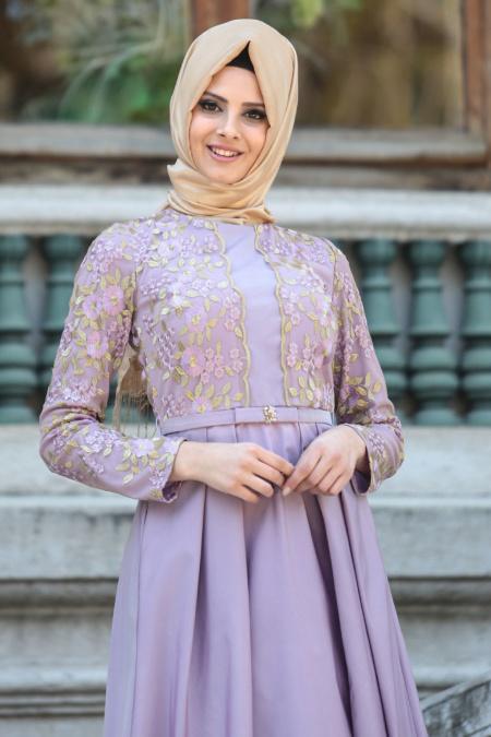 Tesettürlü Abiye Elbise - Çiçek Dantelli Lila Tesettür Abiye 4258LILA - 2