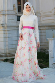 Tesettürlü Abiye Elbise - Çiçek Desenli Beyaz Elbise - Thumbnail