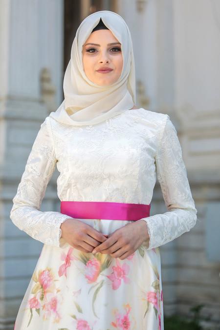 Tesettürlü Abiye Elbise - Çiçek Desenli Beyaz Elbise - 2