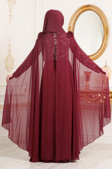 Tesettürlü Abiye Elbise - Çiçek Desenli Bordo Tesettürlü Abiye Elbise 3285BR - 2