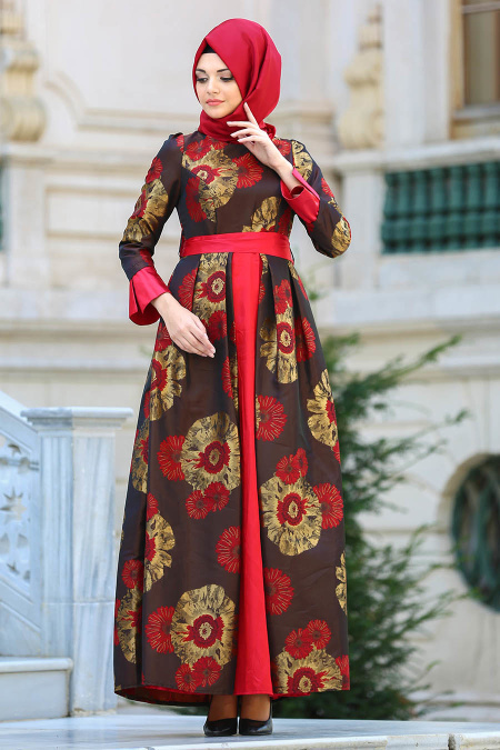 Tesettürlü Abiye Elbise - Çiçek Desenli Jakarlı Kırmızı Tesettür Abiye Elbise 24680K