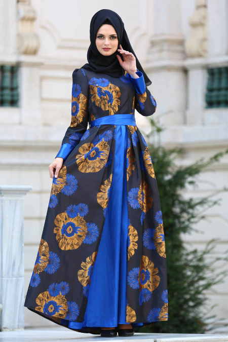 Tesettürlü Abiye Elbise - Çiçek Desenli Jakarlı Sax Mavisi Tesettür Abiye Elbise 24680SX