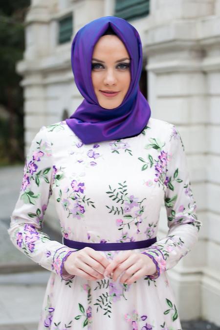 Tesettürlü Abiye Elbise - Çiçek Desenli Lila Abiye Elbise - 3