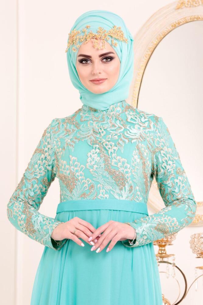 Tesettürlü Abiye Elbise - Çiçek Desenli Mint Tesettür Abiye Elbise 8495MINT - 2