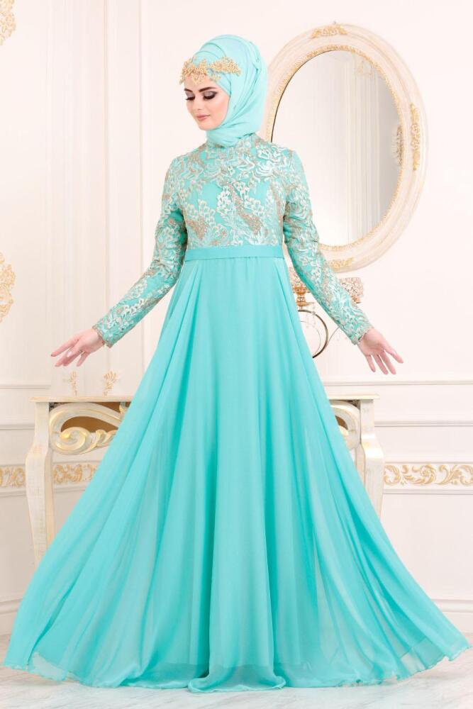 Tesettürlü Abiye Elbise - Çiçek Desenli Mint Tesettür Abiye Elbise 8495MINT - 3